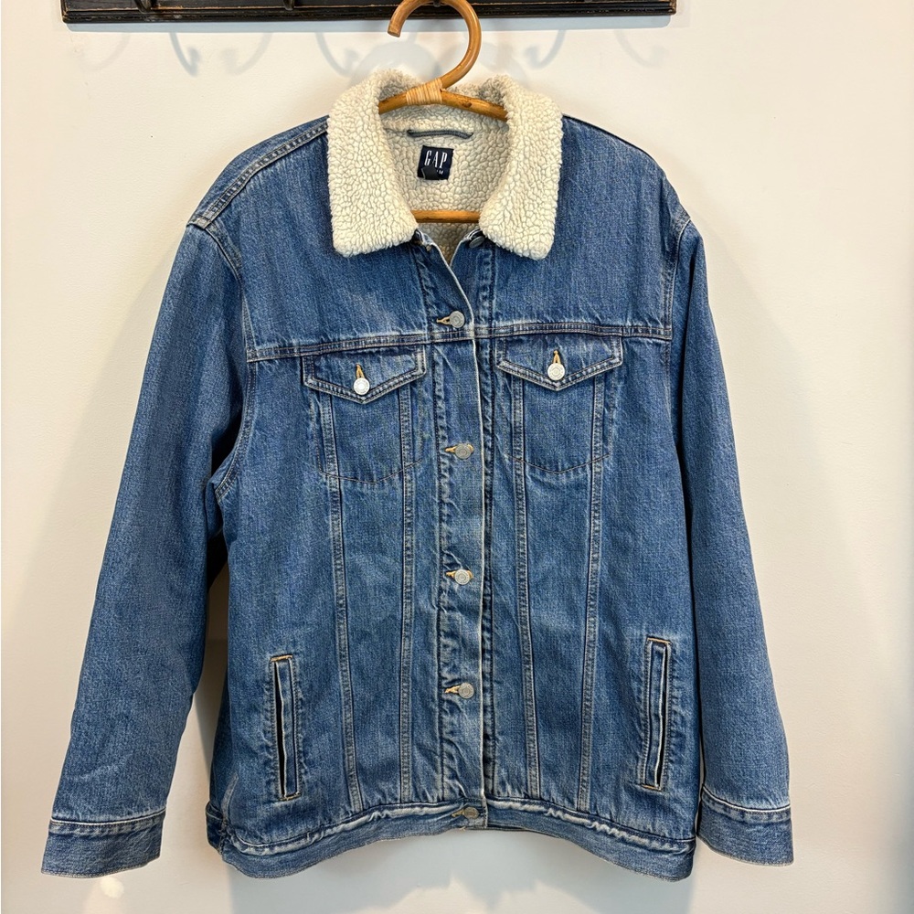 GAP Blue Denim Jacket with Cream Sherpa Collar